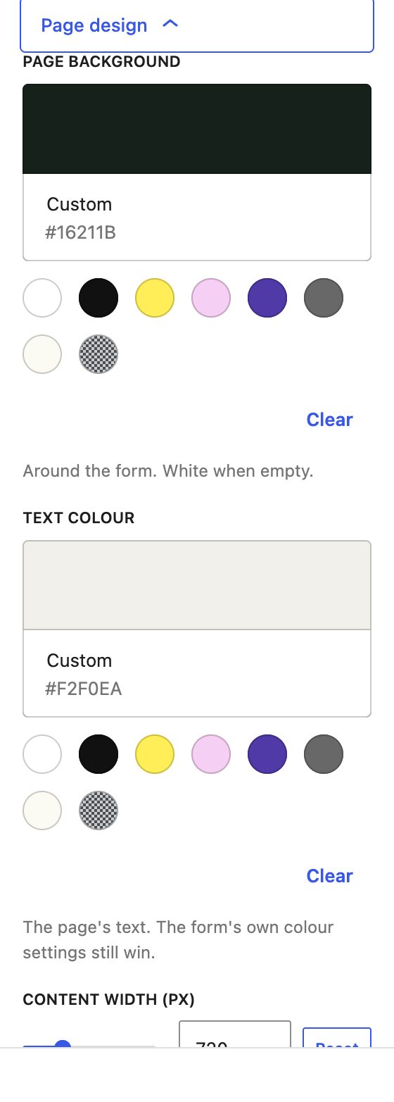 Page design settings for a full-screen WordPress form: background, text colour, width