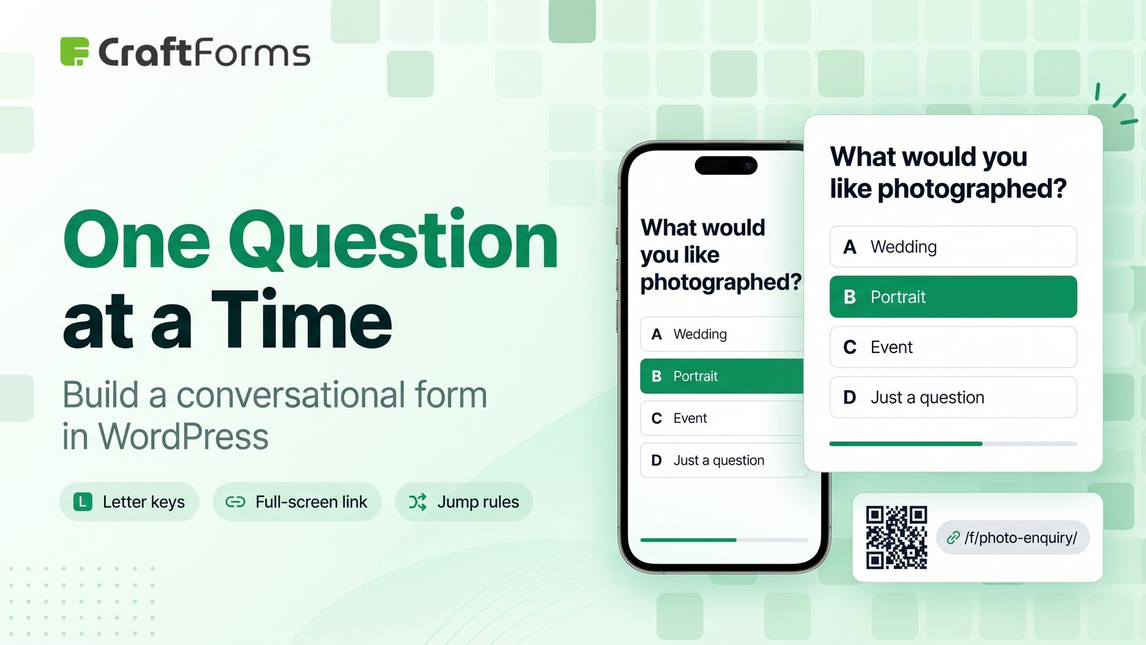 A conversational WordPress form on a phone and a card, one question with answers A to D, and a QR code