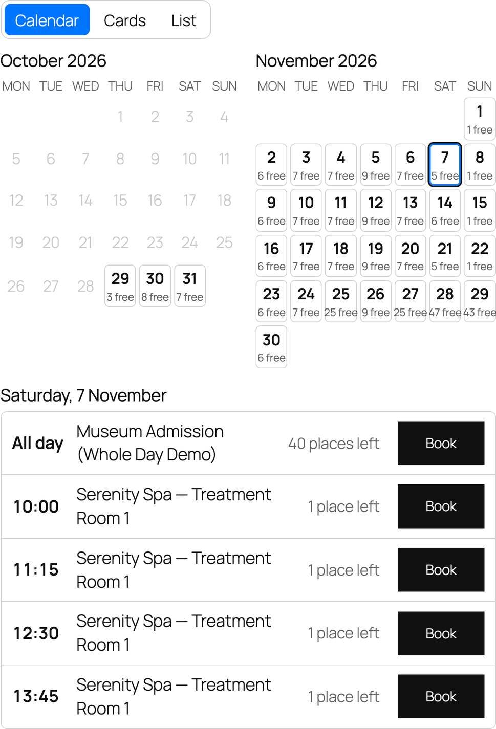 Availability calendar listing tours and treatments with free places in WordPress