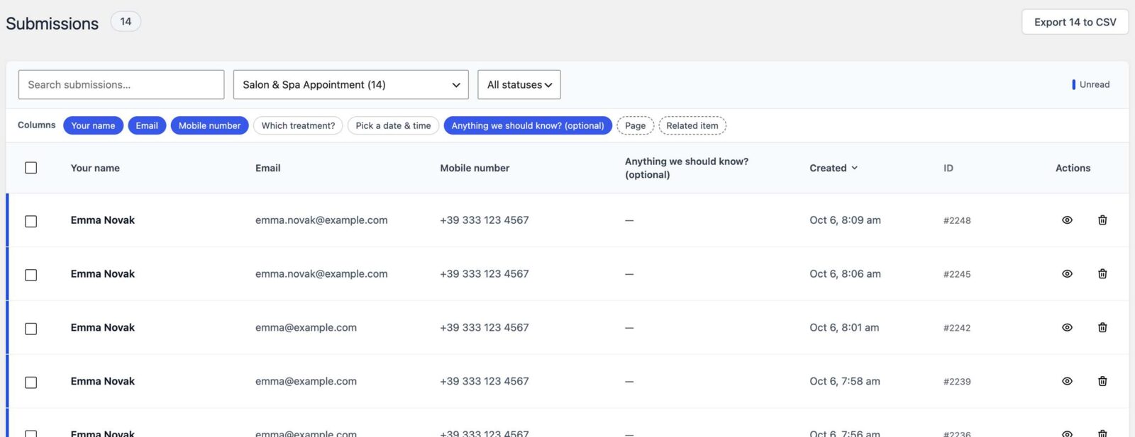 CraftForms Submissions screen filtered by form with field columns