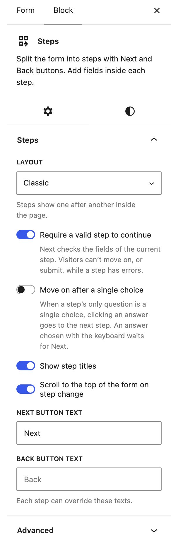 Steps block settings for a WordPress multi-step form