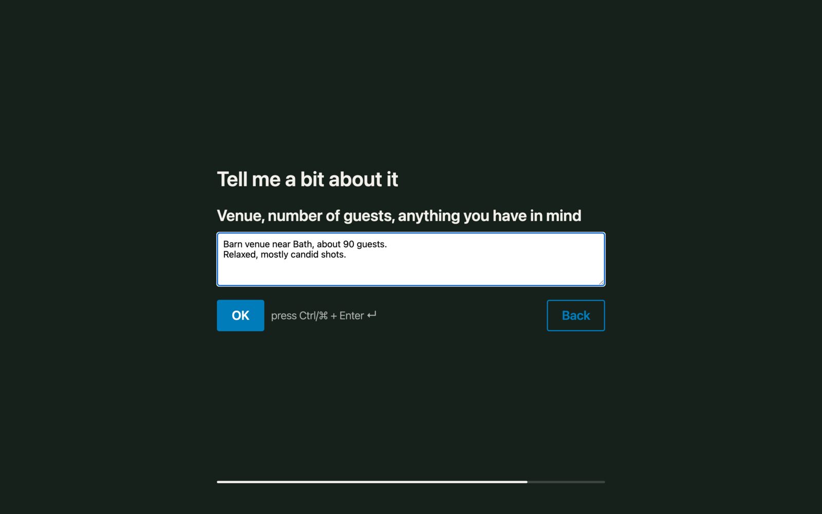 Text box step of a conversational form with the Ctrl+Enter hint