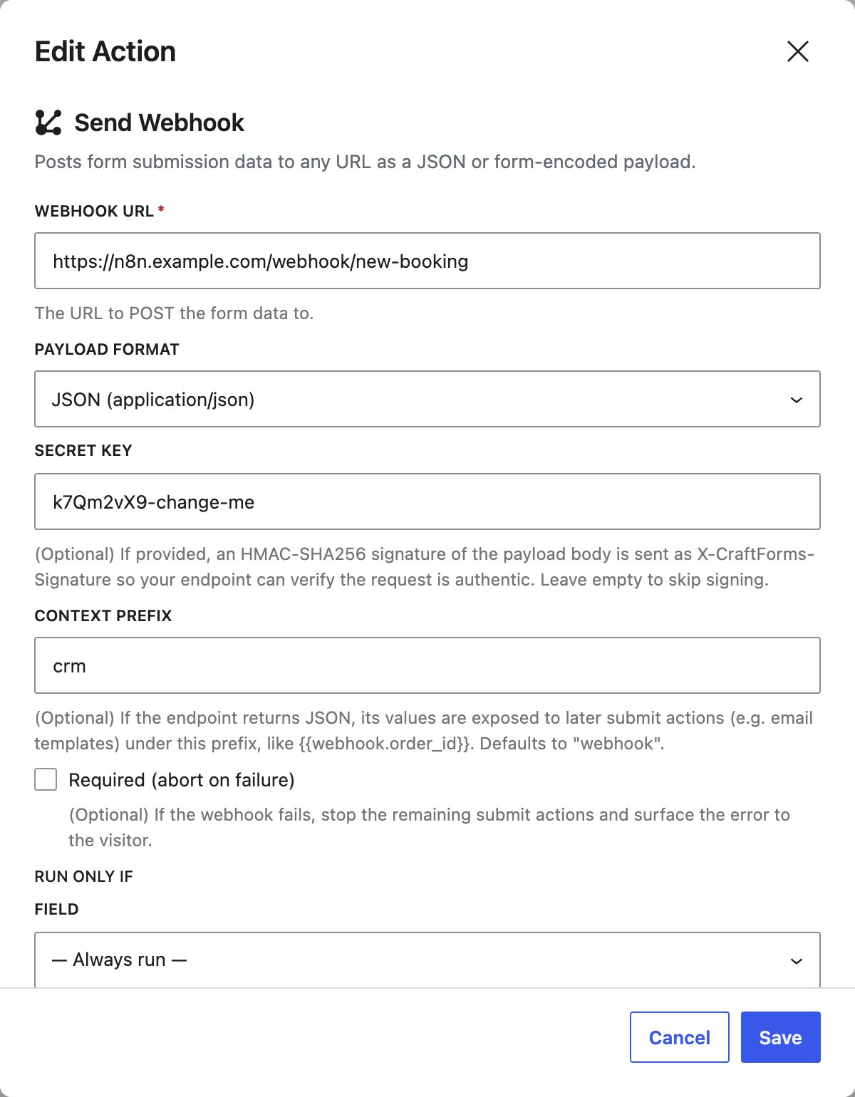 Send Webhook submit action settings in a WordPress form