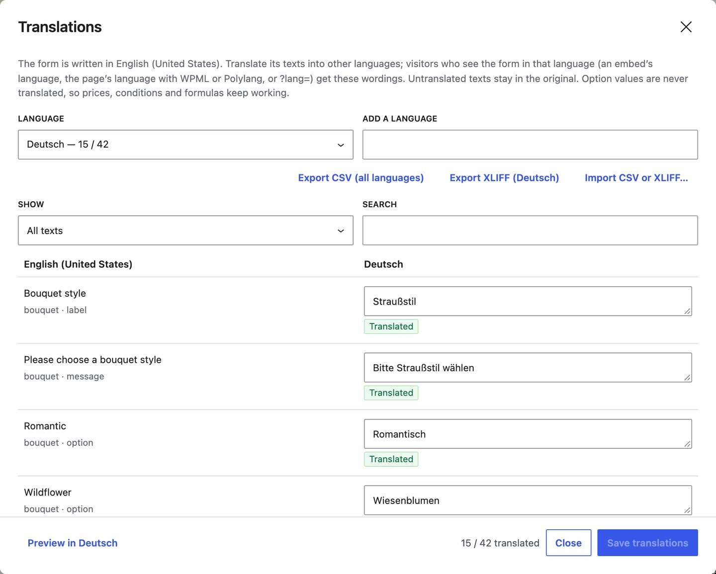 Translating a WordPress form into German in CraftForms 2.2