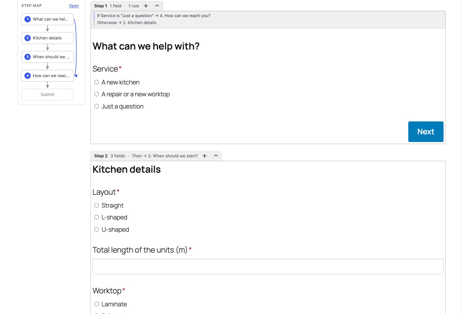Steps block in the WordPress block editor with four steps of a quote form