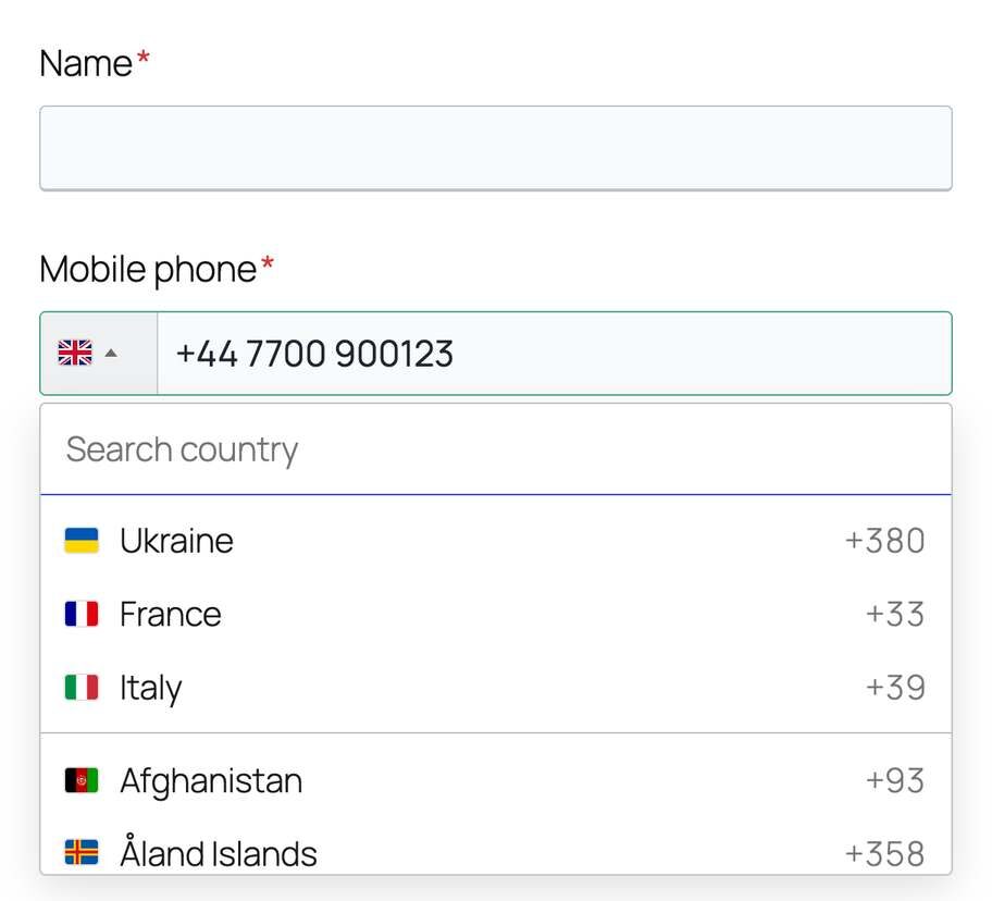 Phone number field with country flags and dial codes in a WordPress form