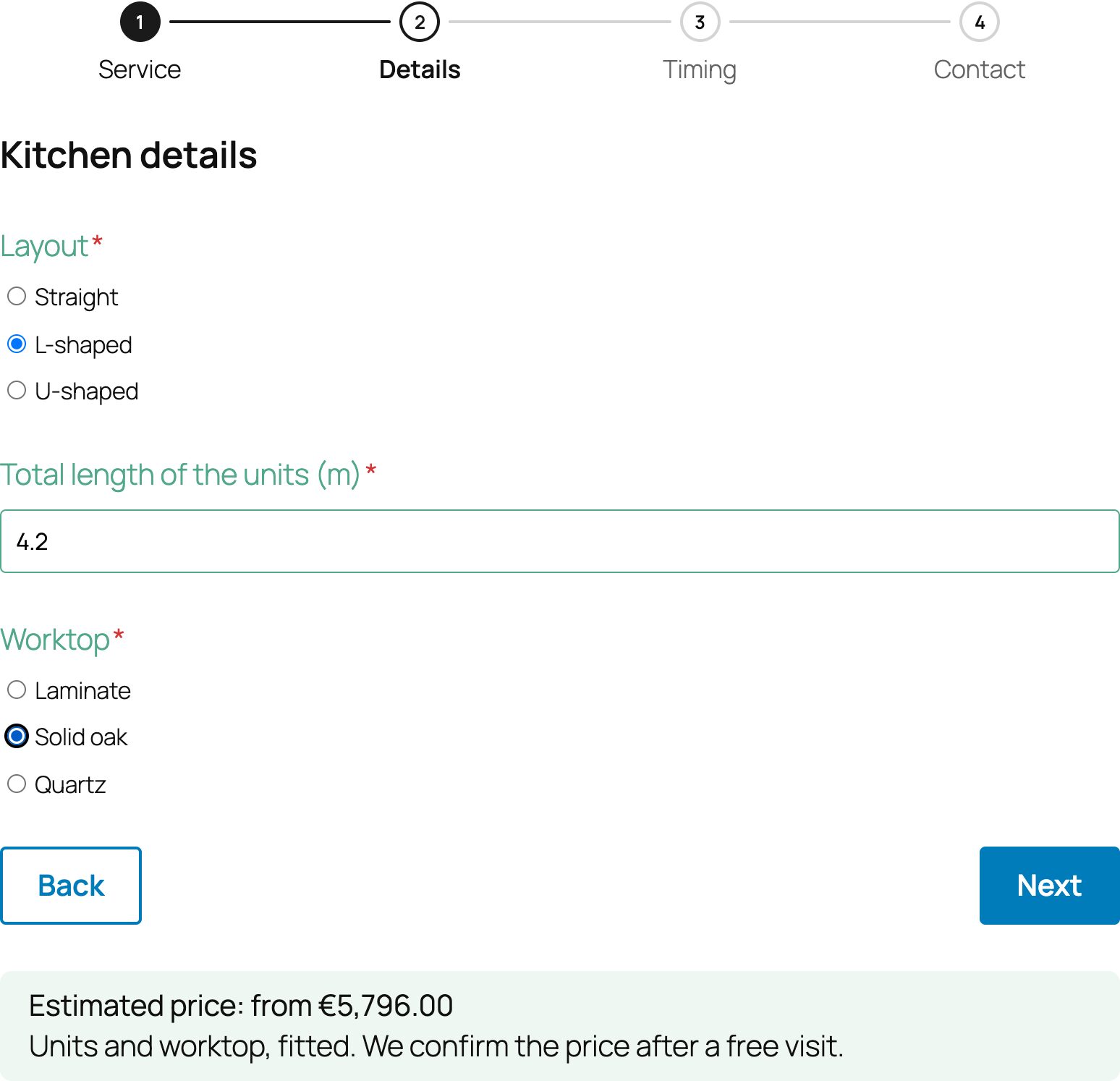 Multi-step form in CraftForms 2.2 with a numbered progress bar and a live estimate