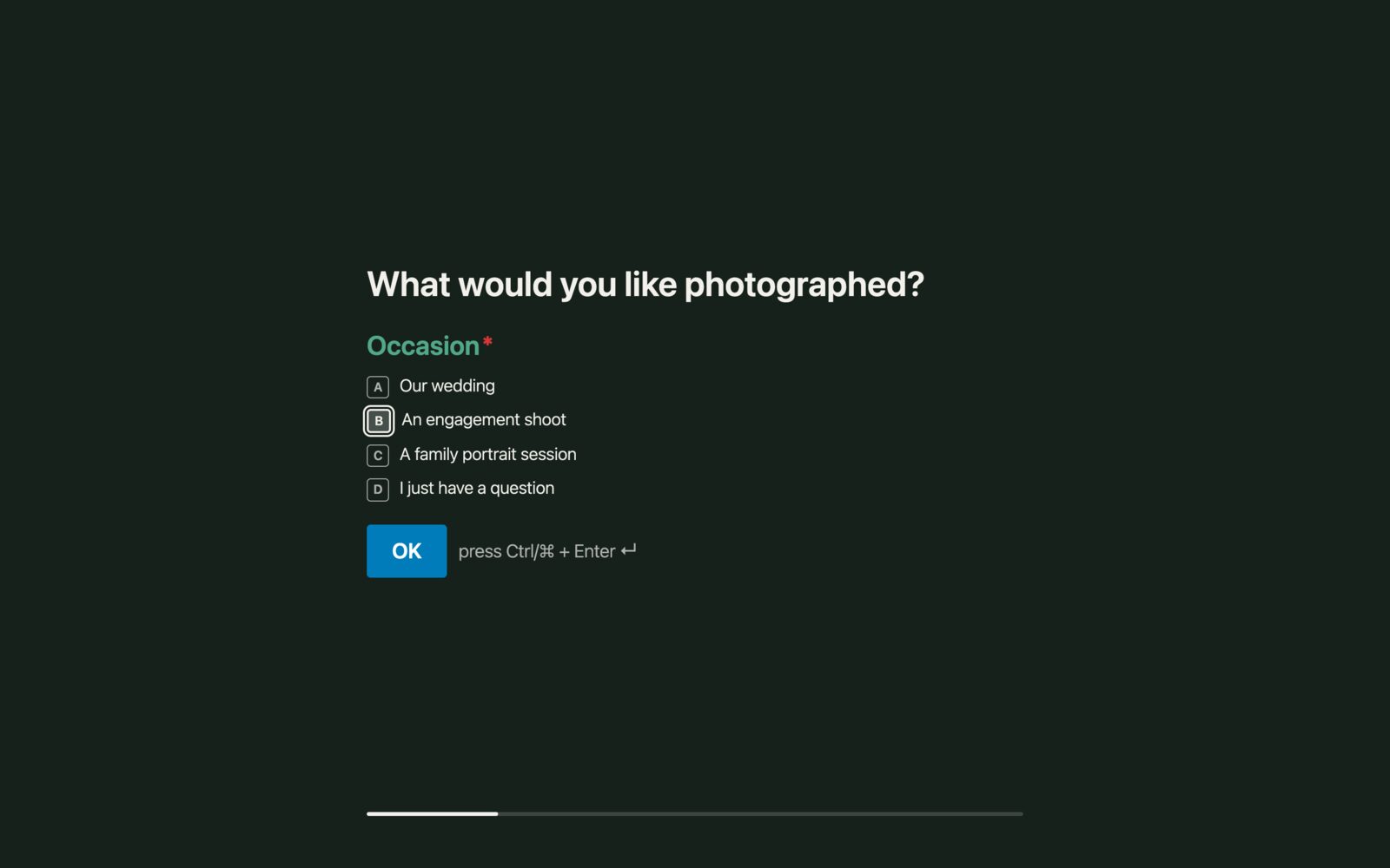 Conversational form in WordPress asking one question per screen