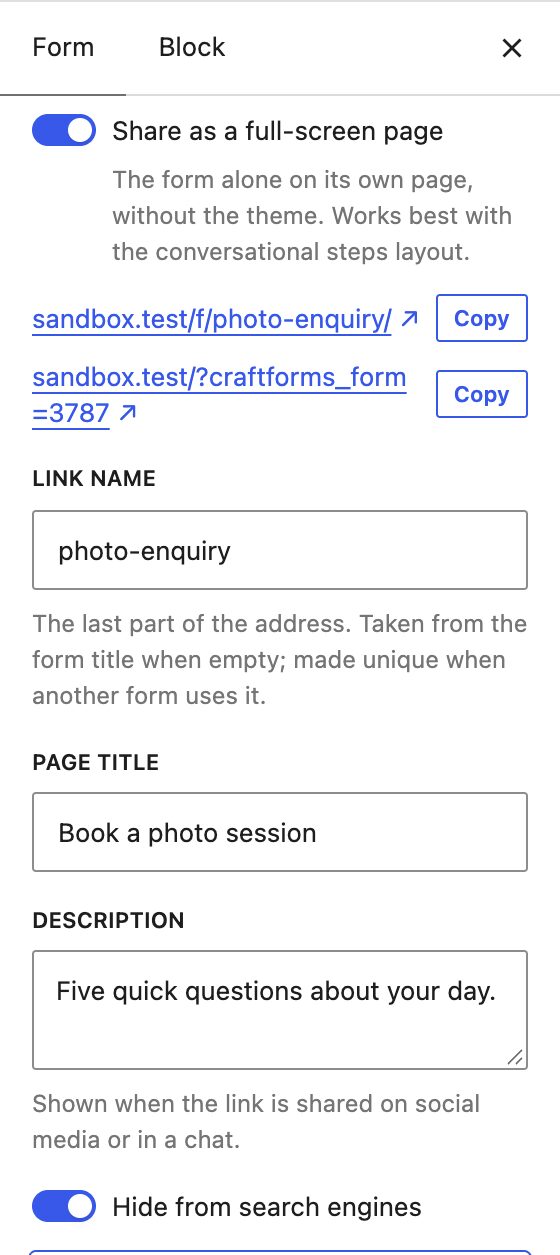Full-screen link settings for a WordPress form