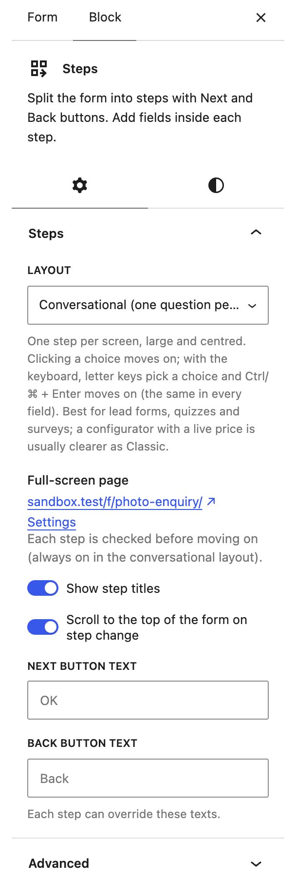 Steps block Layout setting switched to conversational in WordPress