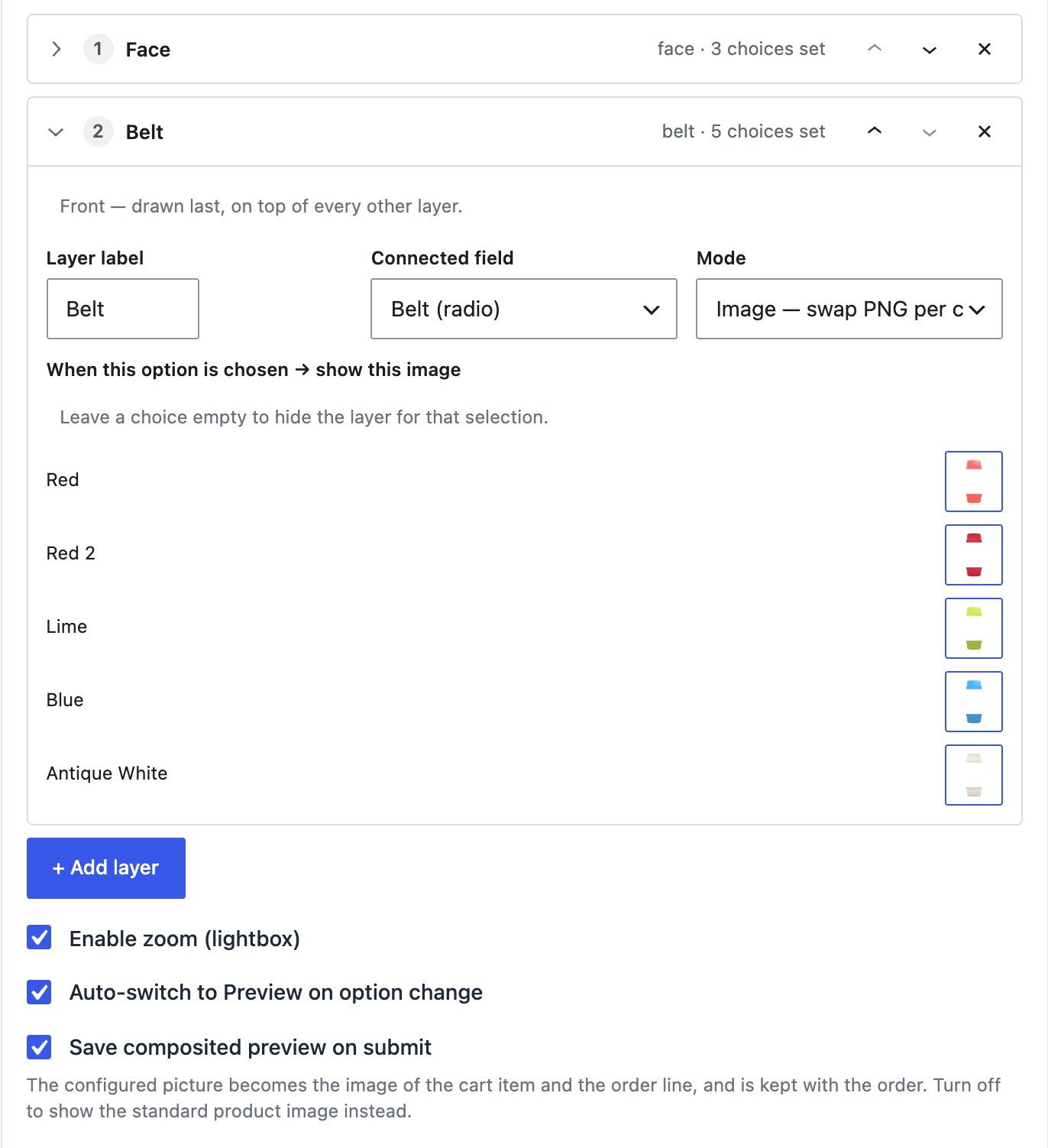 Layered image product configurator settings: each PNG layer connected to a form field option