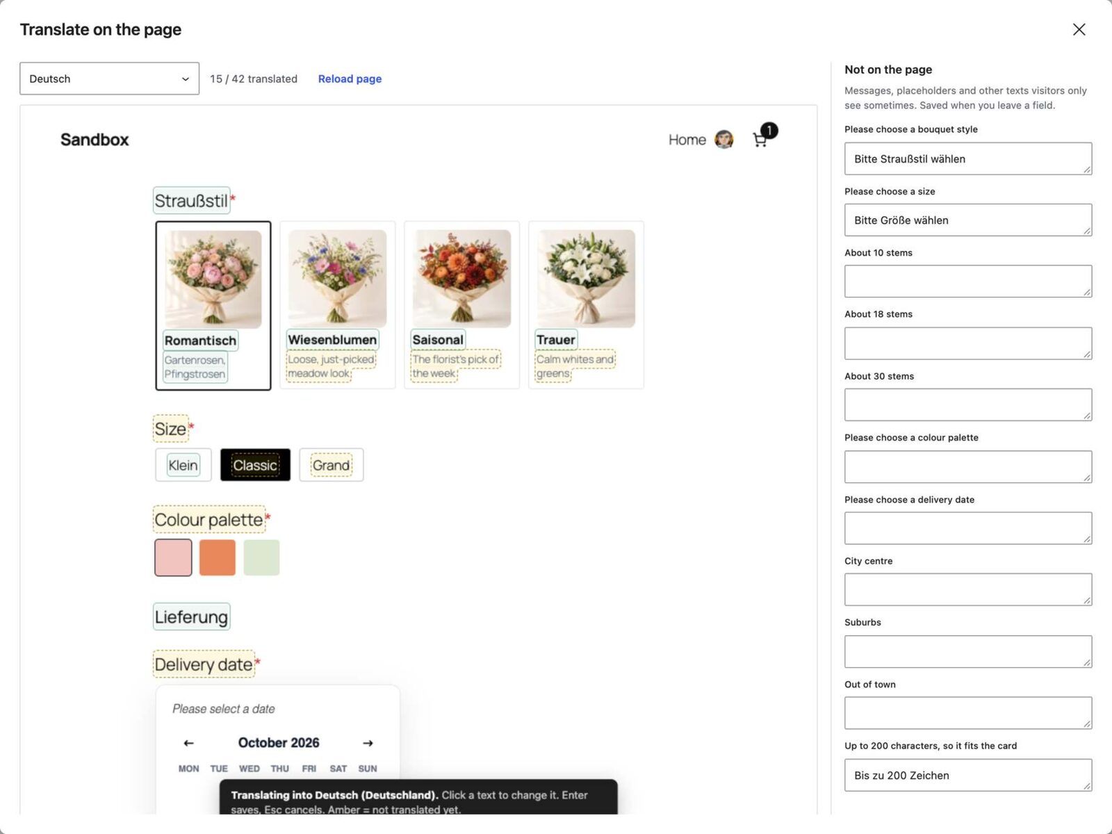 Translate on the page: editing a form's German texts in place