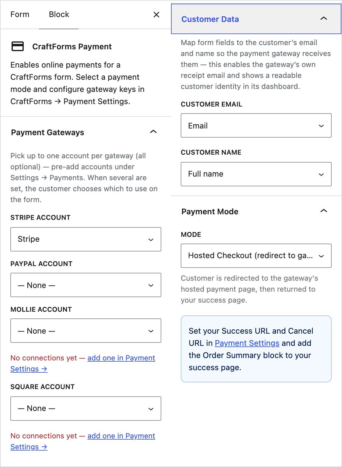 CraftForms Payment block settings with a Stripe account, customer email and name mapping, and Hosted Checkout mode