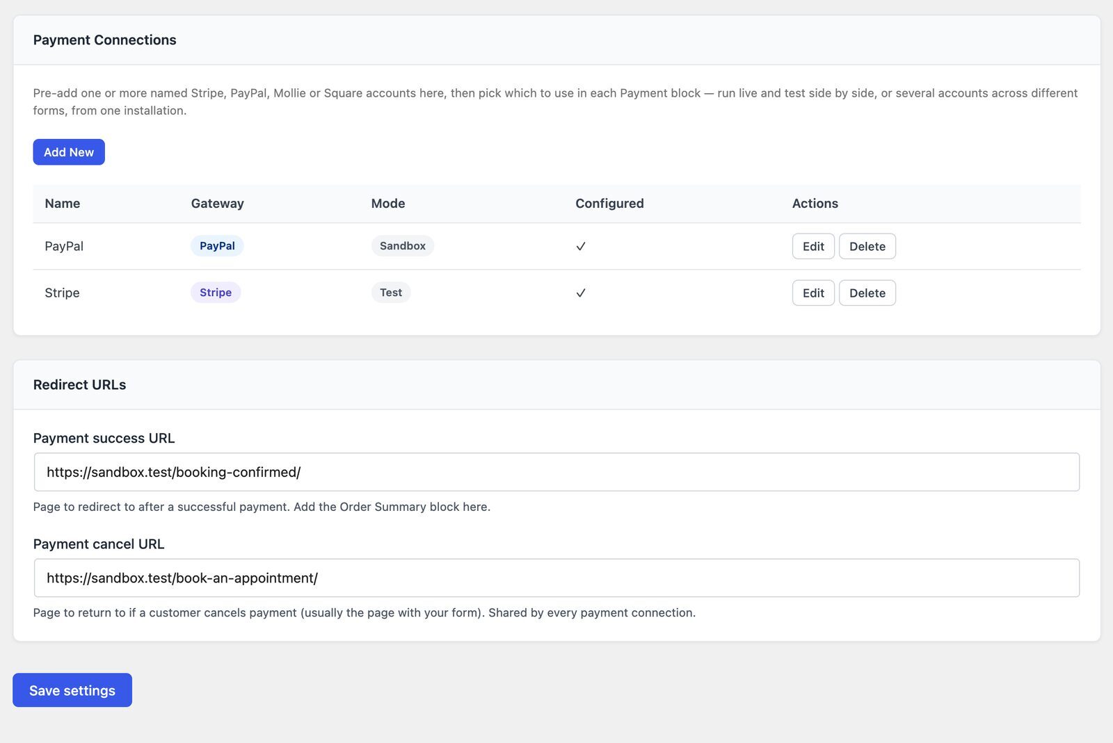 CraftForms Payment Connections with Stripe and PayPal accounts and the payment success and cancel URLs