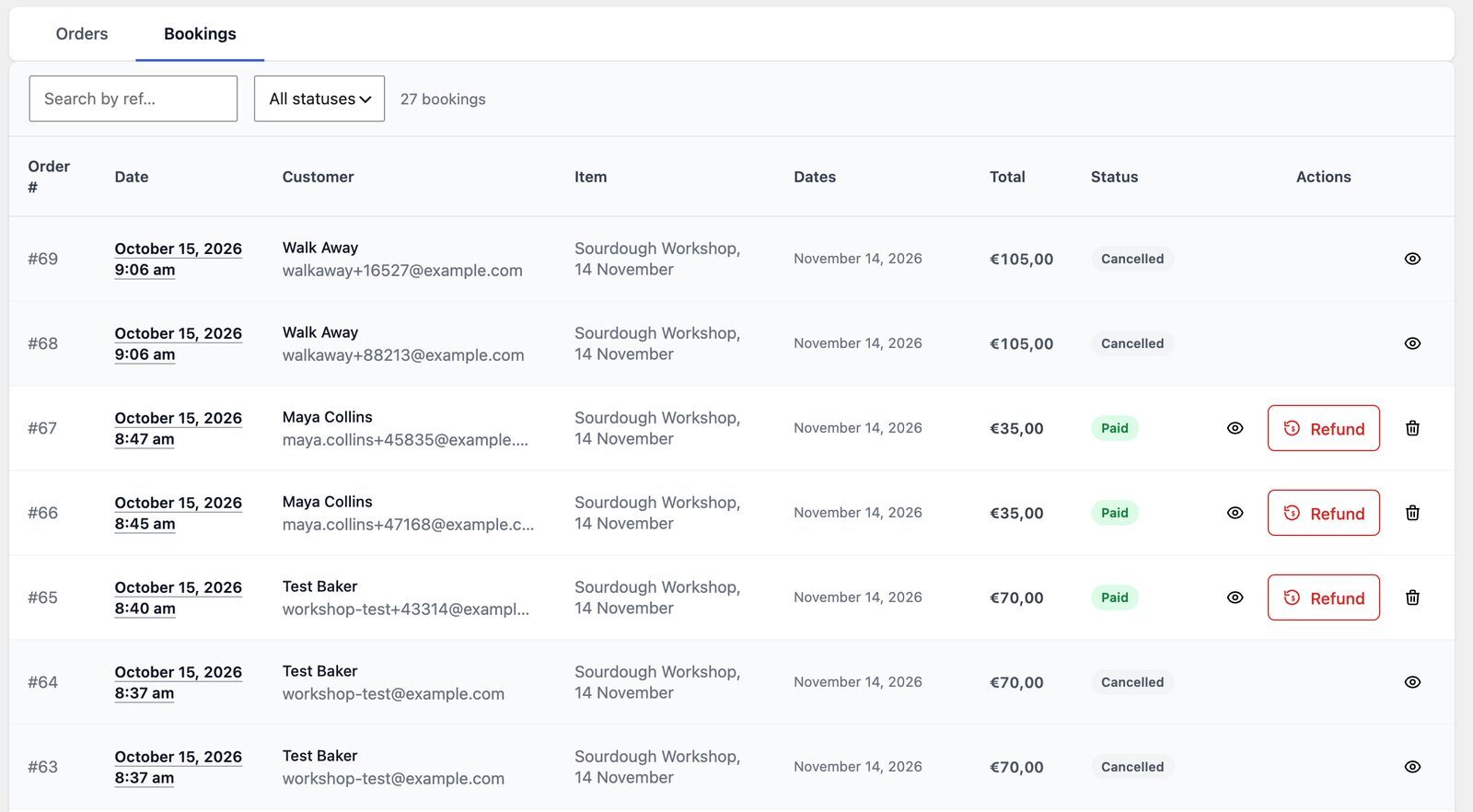 CraftForms Orders screen listing paid bookings with a Refund button and cancelled bookings