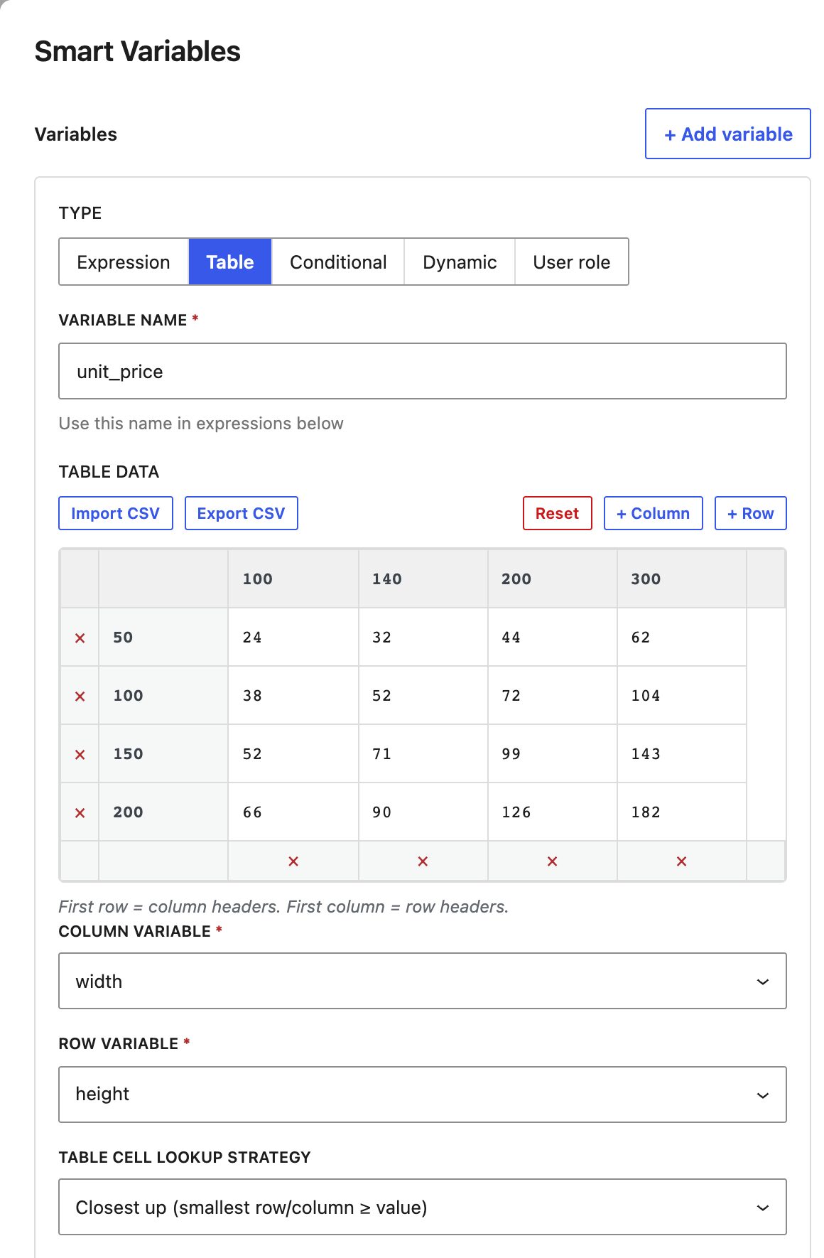 Price matrix with closest-up lookup in a WordPress calculator form