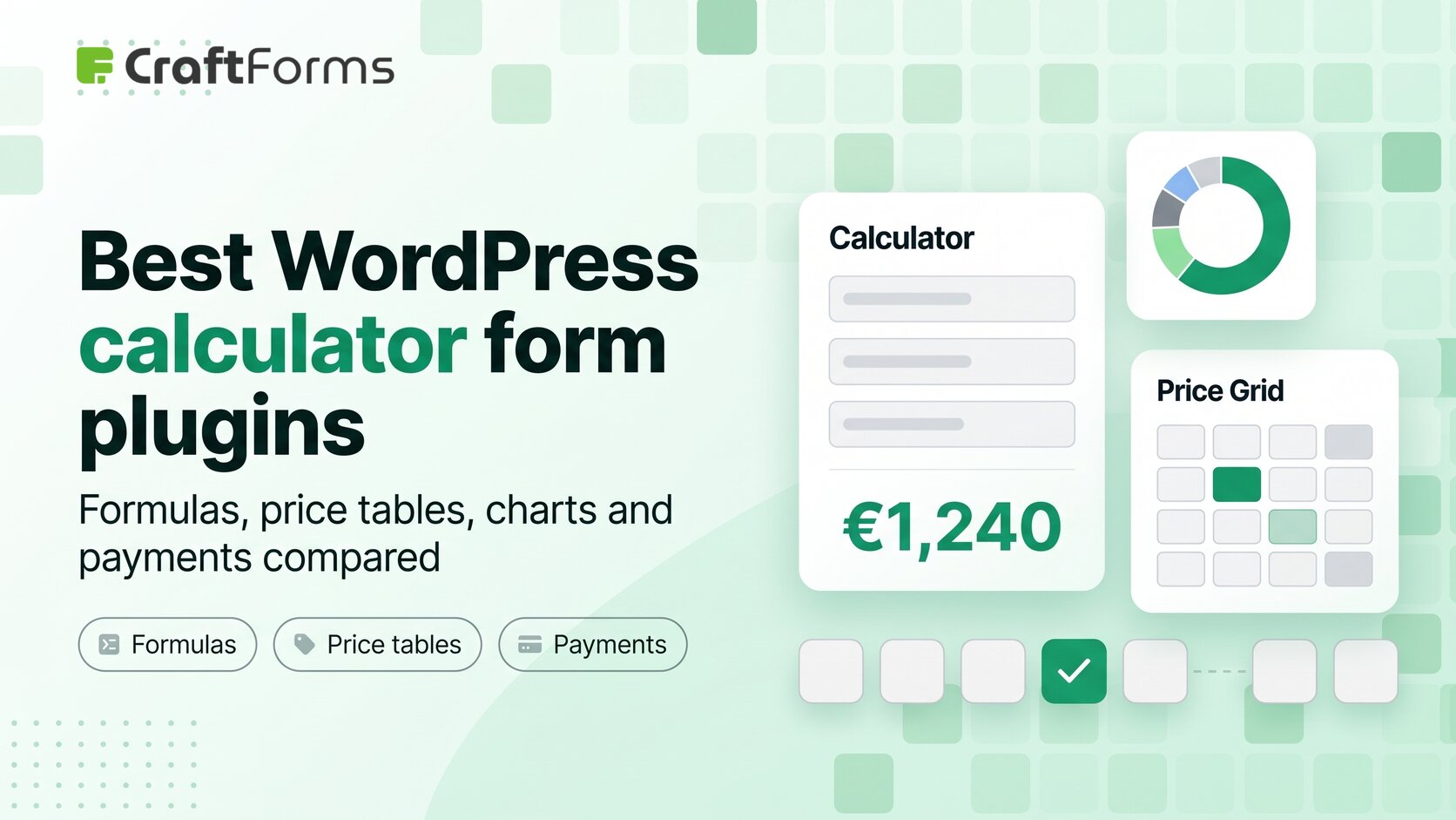 Shortlist of WordPress calculator form plugins: a calculator card with a total, a donut chart and a price grid