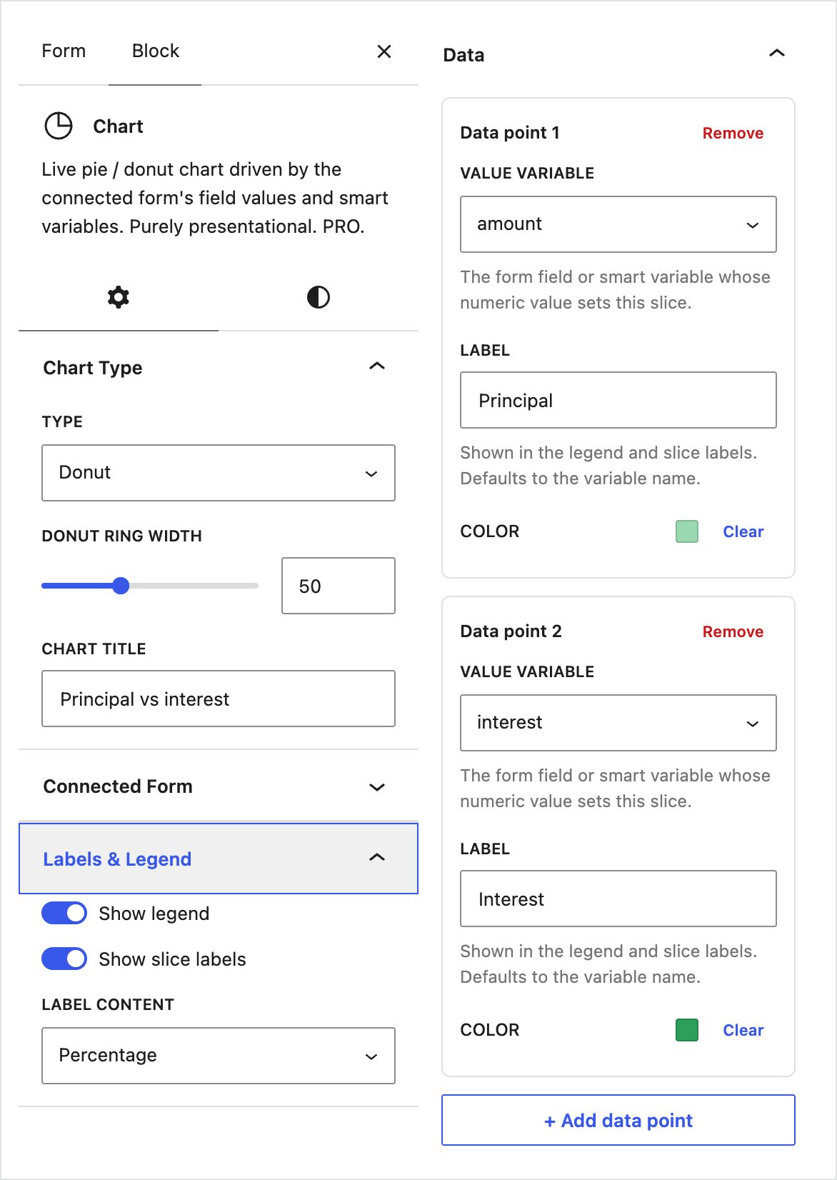 Chart block settings in WordPress: pie or donut chart data points connected to calculator form fields