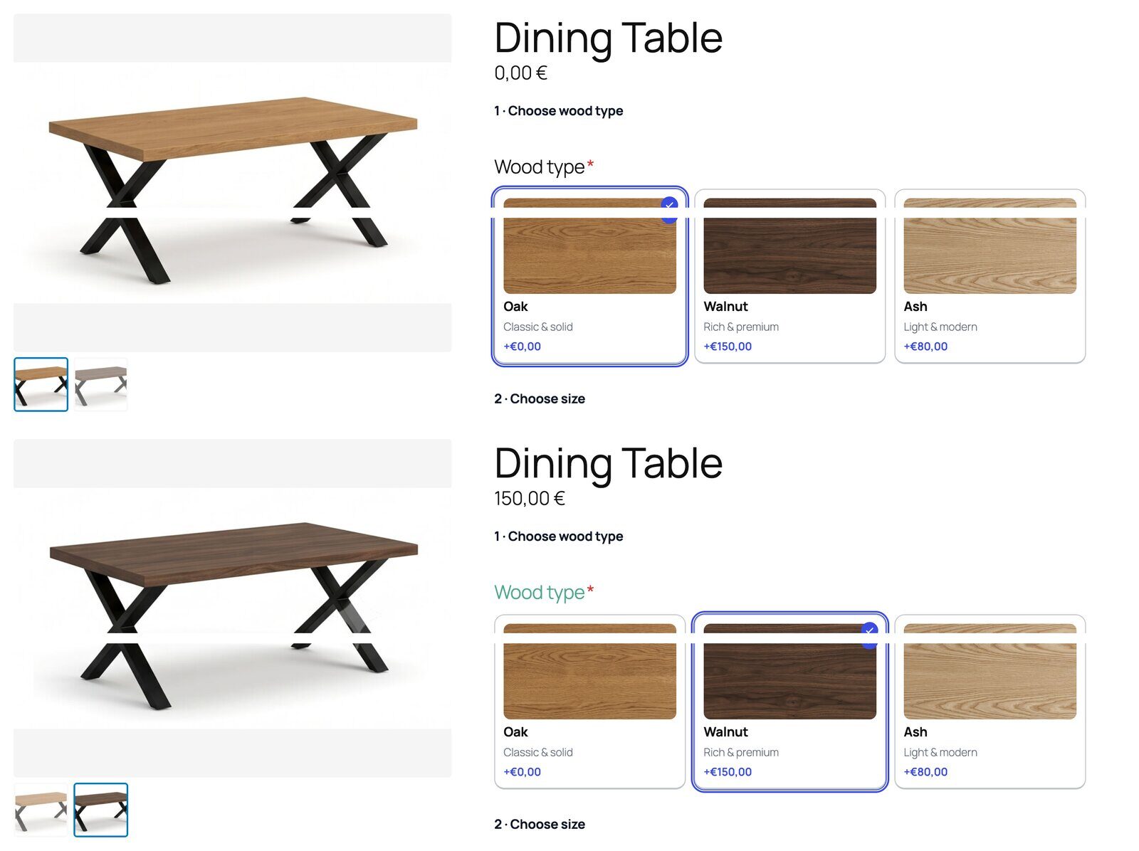 WooCommerce product image changing when the customer selects a different wood option, without variations
