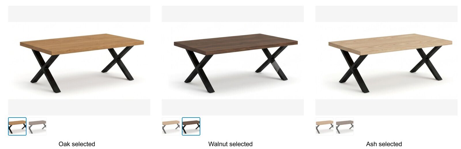 Wood swatch changing the main product image on a WooCommerce product page