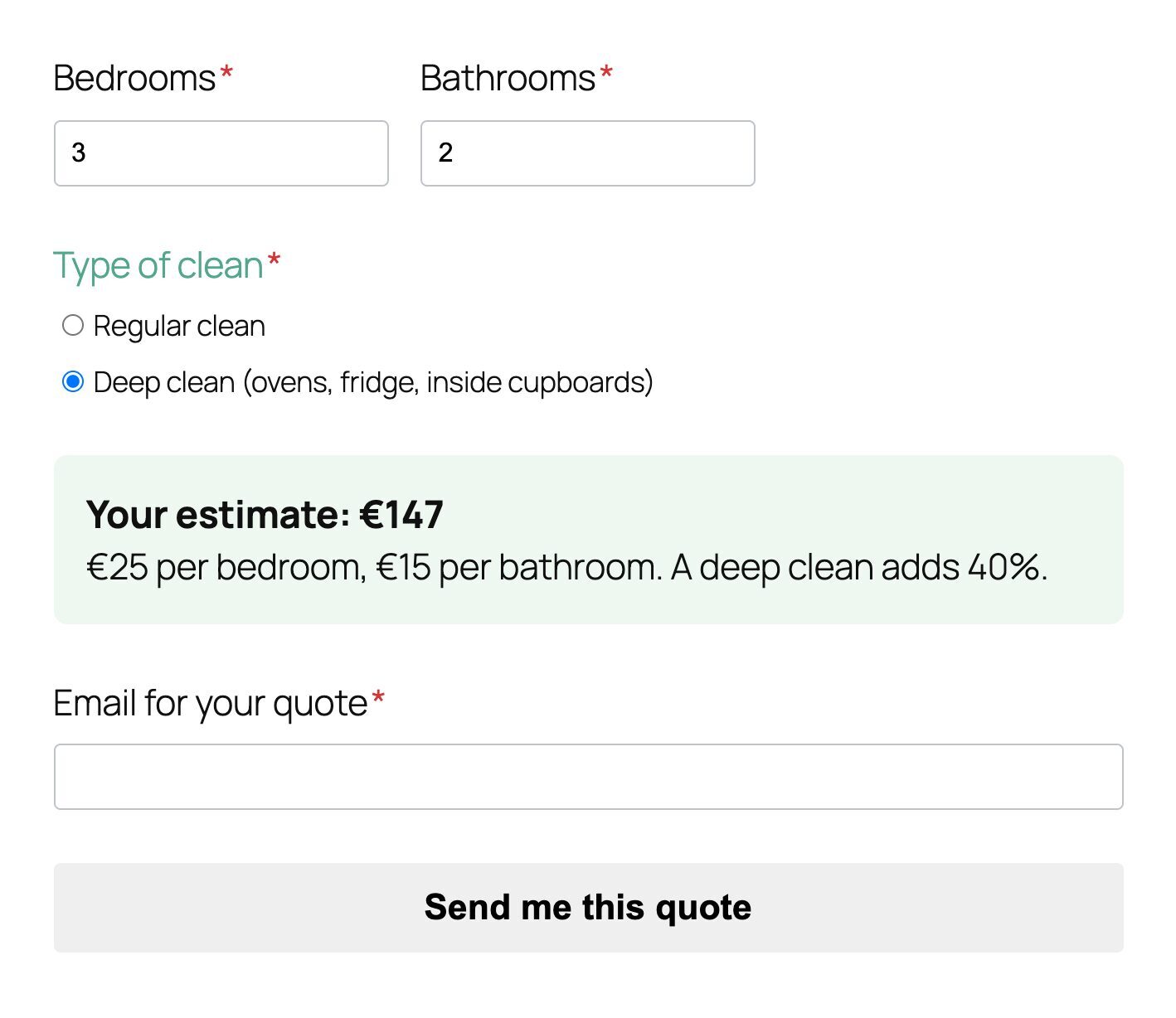 A WordPress cleaning cost calculator rebuilt in CraftForms with a live estimate