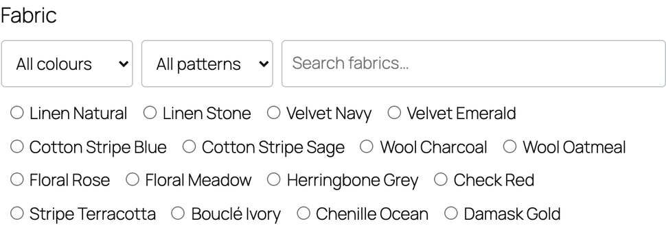 A Radio field with colour and pattern filters and a search box above the fabric options