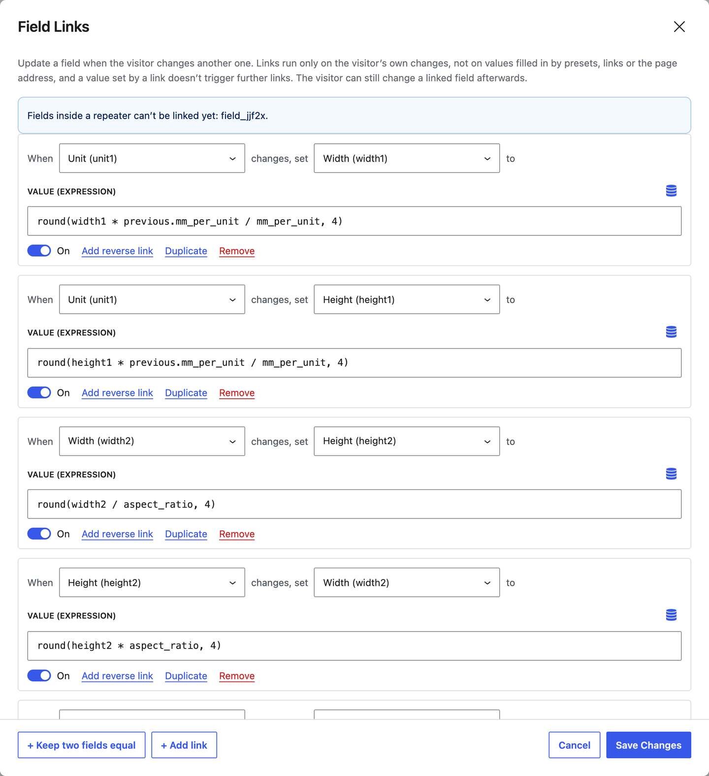 The Field Links window with formula links for unit conversion and aspect ratio