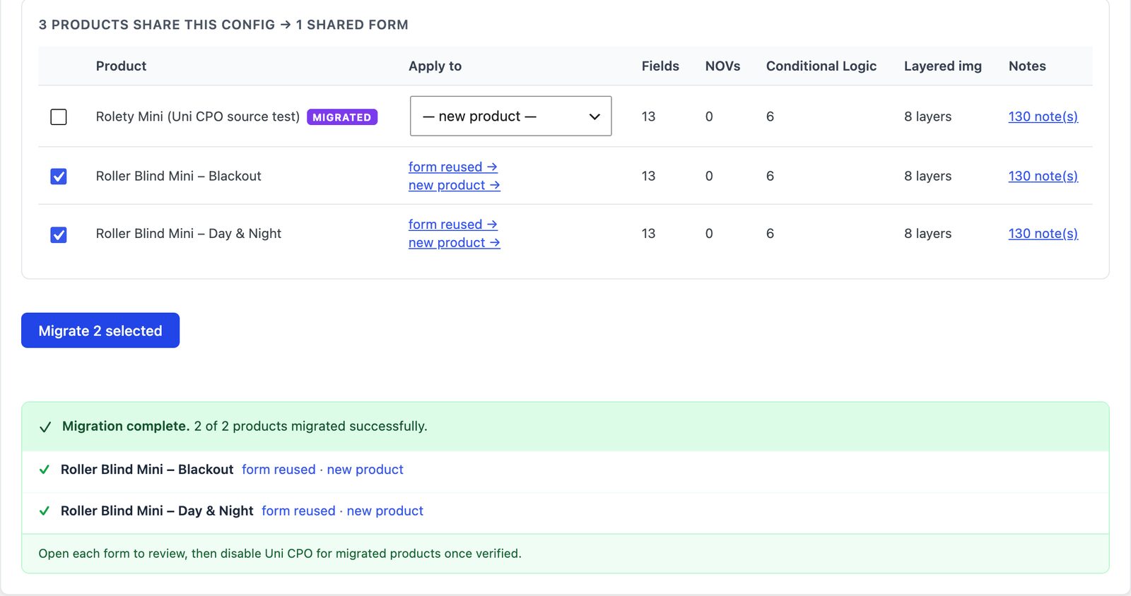 Migration results with links to the new CraftForms form and product
