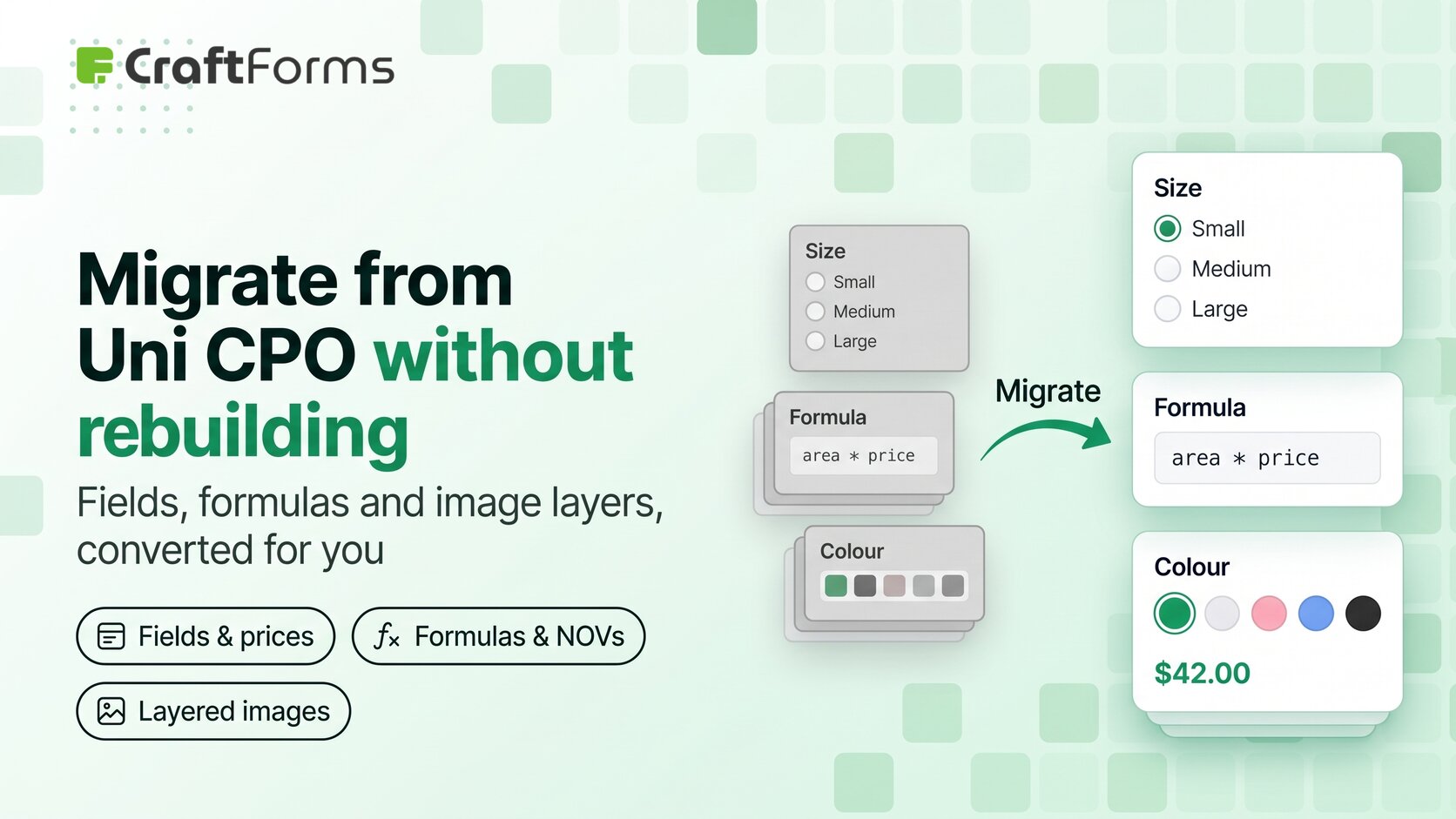 Uni CPO option cards migrated into modern CraftForms cards: size options, a formula and colour swatches with a live price