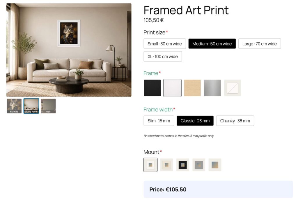 WooCommerce view in room preview showing a framed print on a living room wall