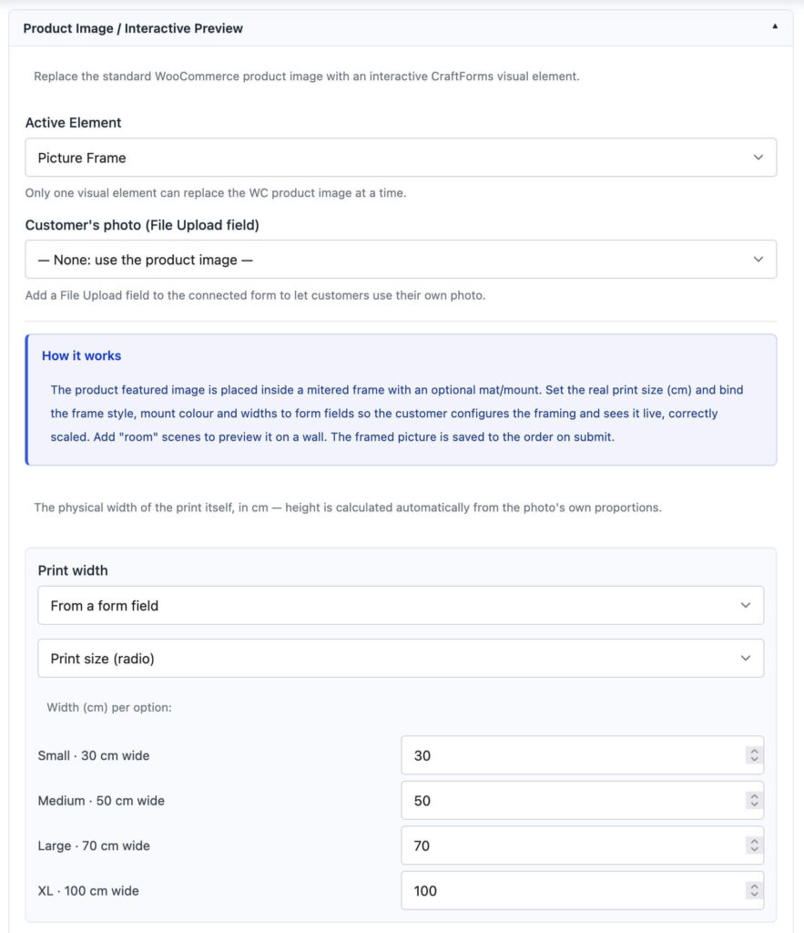 Picture Frame settings in the WooCommerce product CraftForms tab
