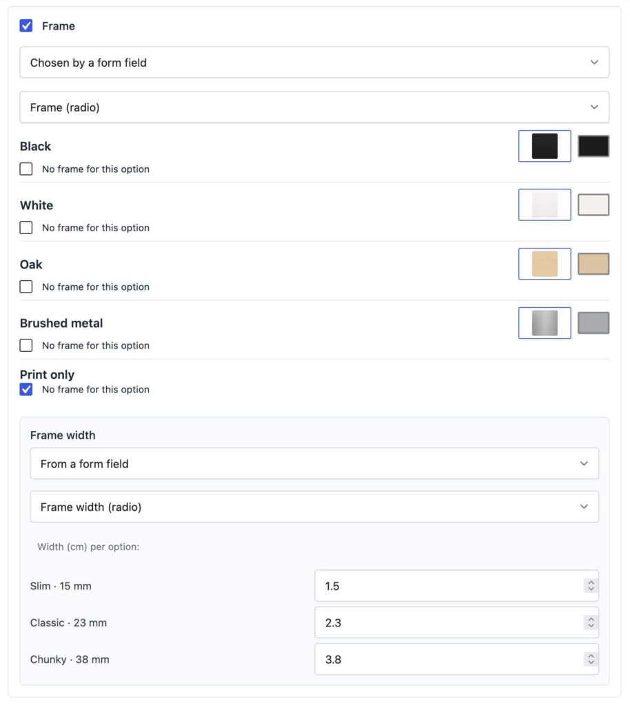 Picture Frame settings in the WooCommerce product CraftForms tab