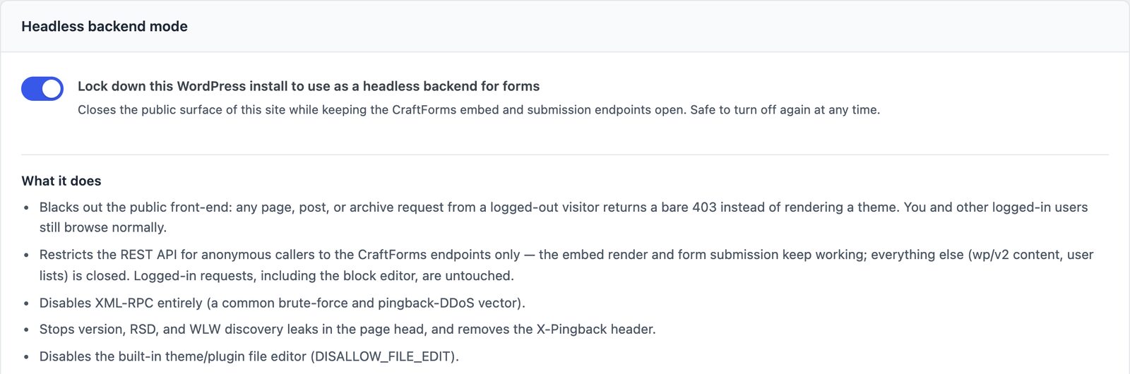 CraftForms settings with Headless mode switched on