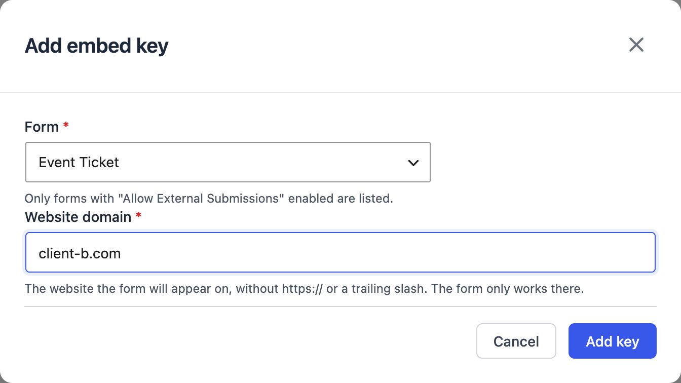 Adding an embed key for a client website in CraftForms
