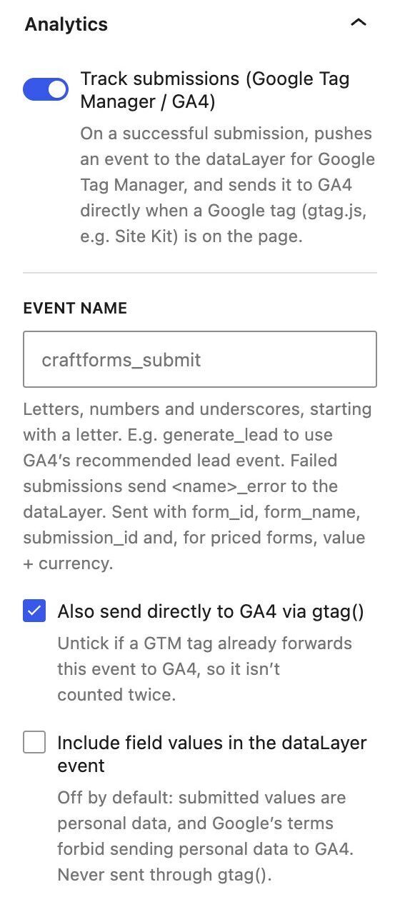 Form analytics settings for GA4 and Google Tag Manager in the WordPress editor