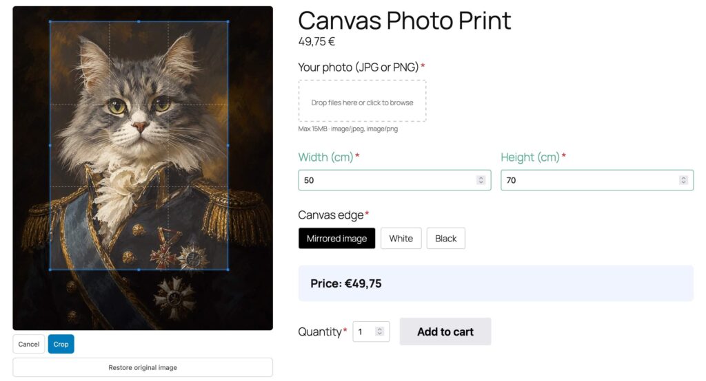 WooCommerce photo upload and crop with a crop box locked to the customer's canvas size