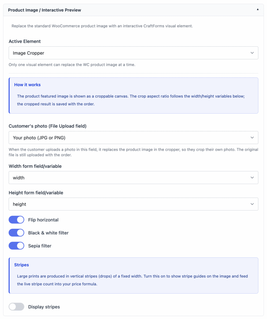 WooCommerce Image Cropper settings connecting crop ratio to width and height fields and a customer photo upload field