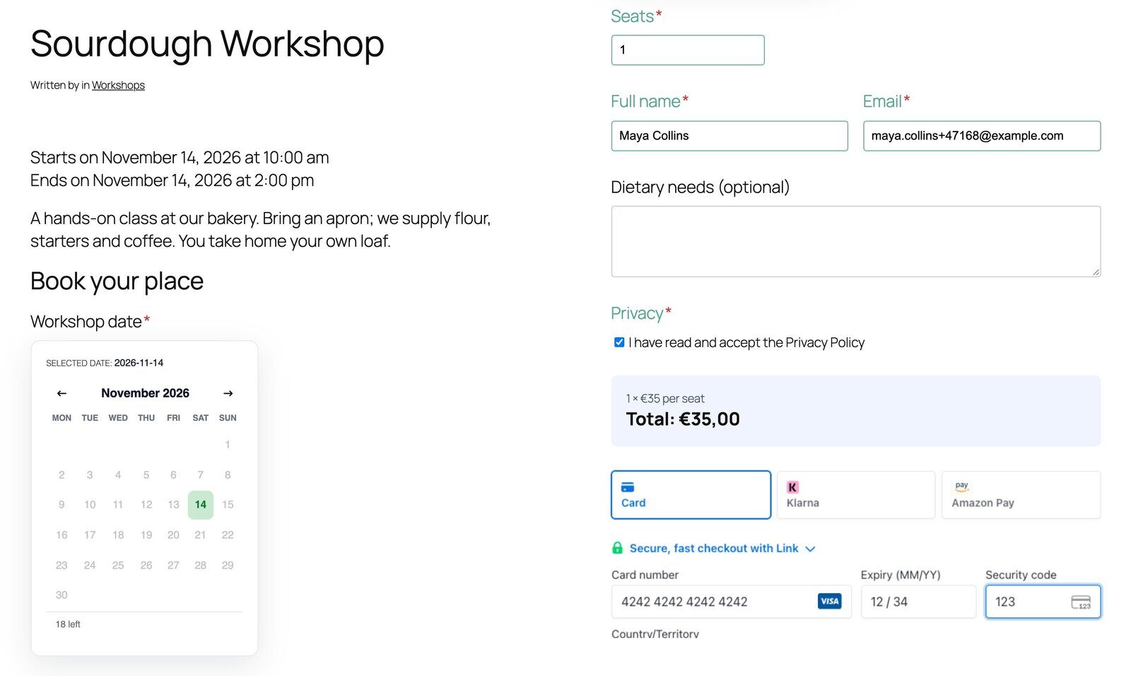 WordPress event post with a registration form, places left, total price and card payment