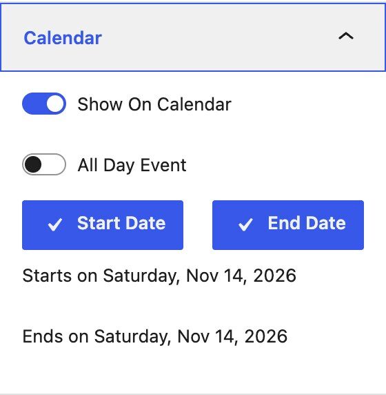 Pie Calendar panel in the WordPress editor with Show On Calendar turned on