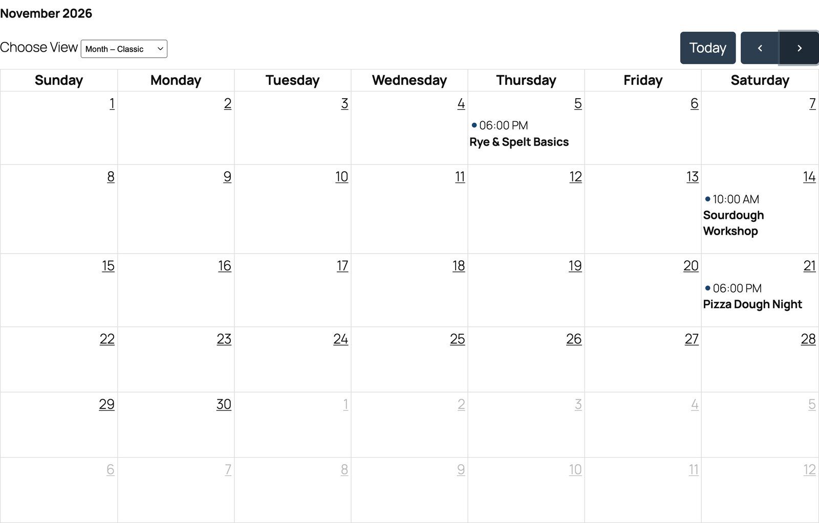 Pie Calendar month view showing three workshops on a WordPress site