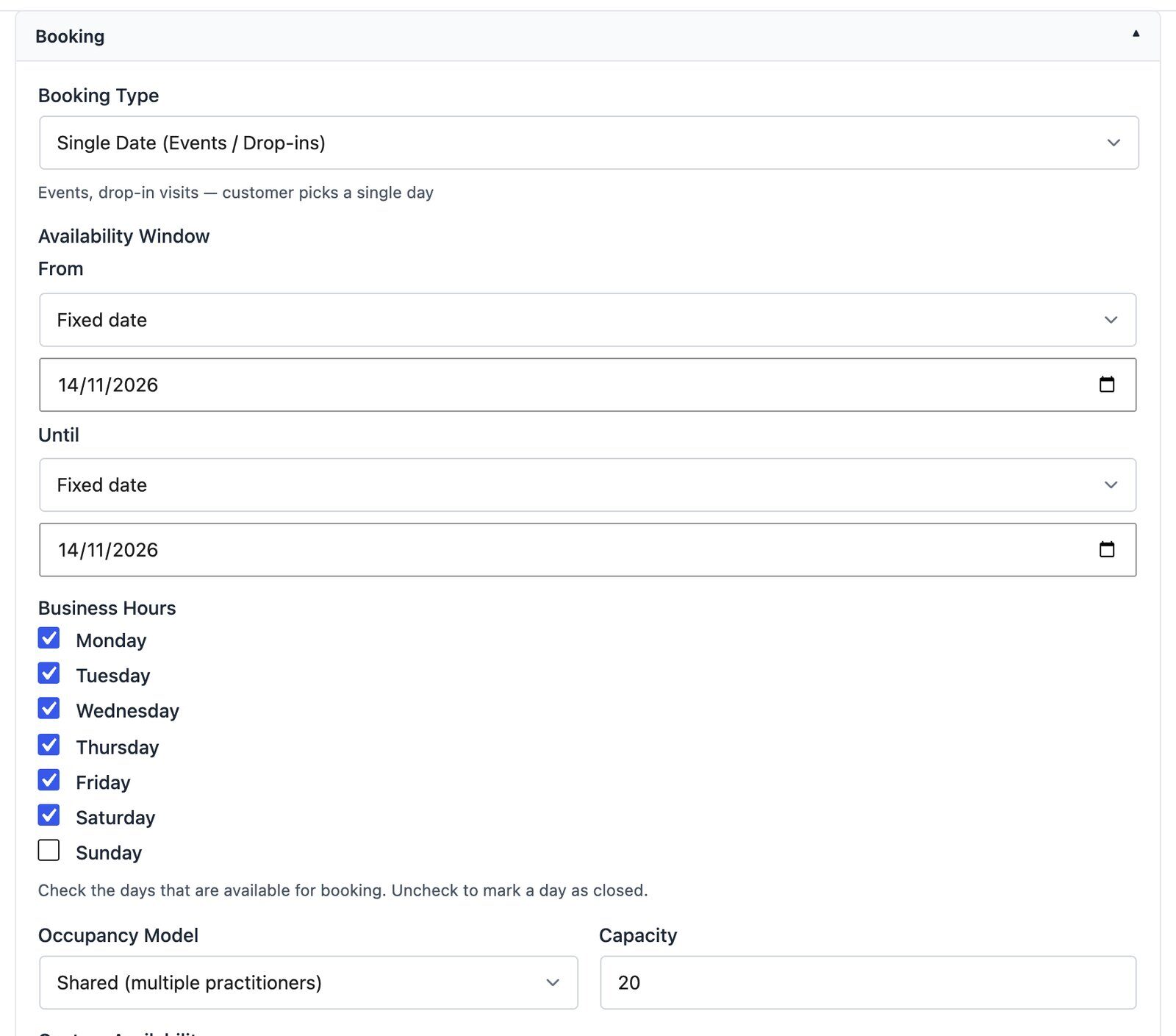 CraftForms Catalog item set up as a single-date event with 20 places