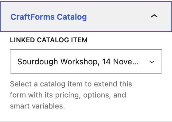 Linking a CraftForms registration form to a catalog item in the WordPress block editor