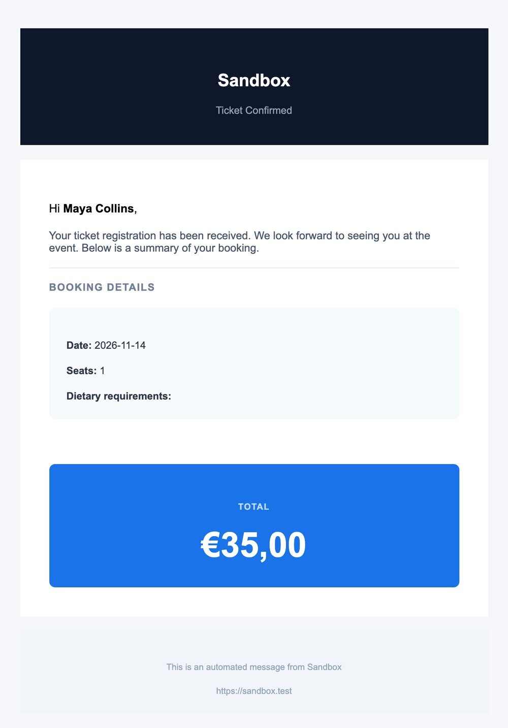 Workshop booking confirmation email with date, seats and total