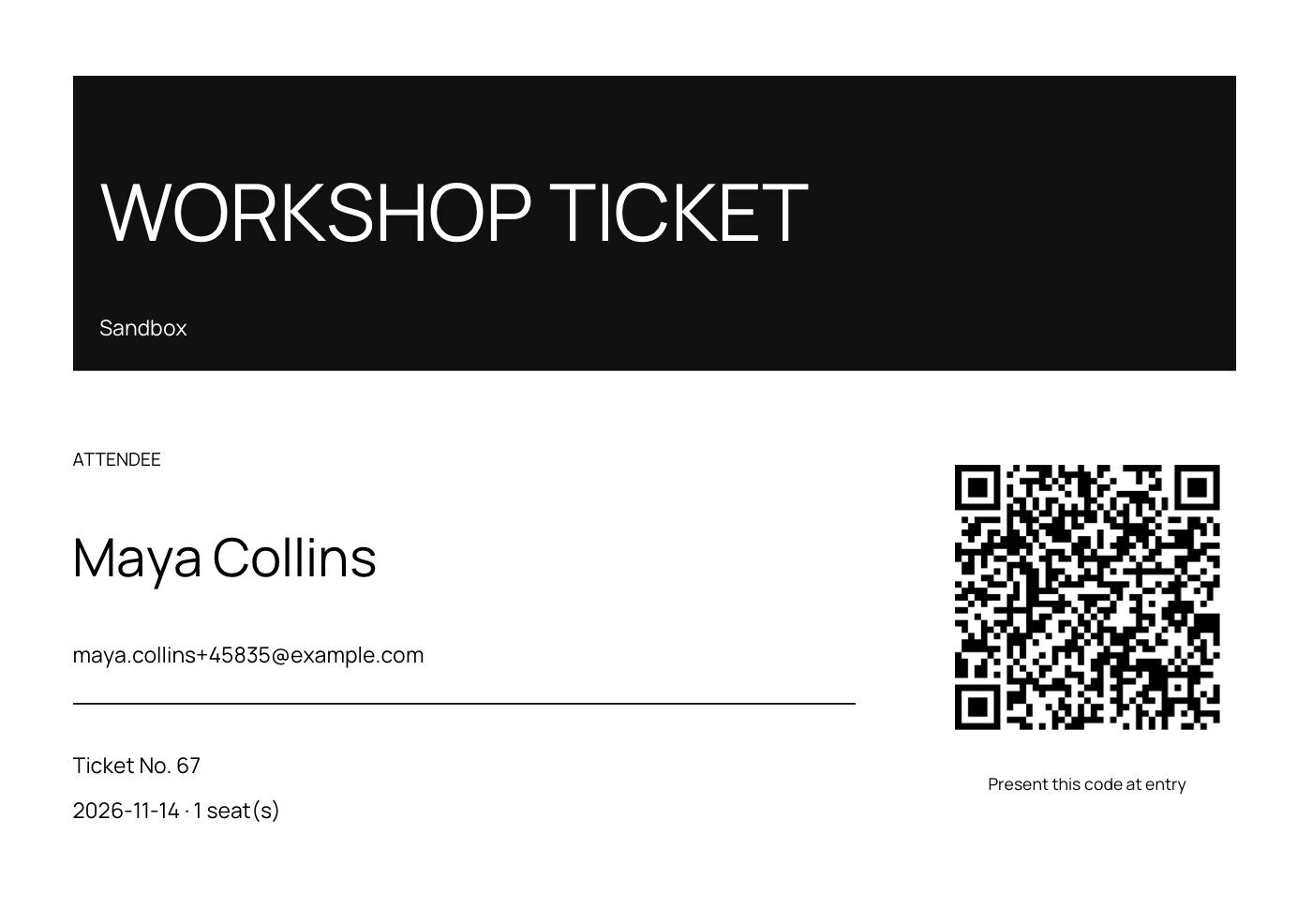 Workshop PDF ticket with attendee name, date, seats and a QR code
