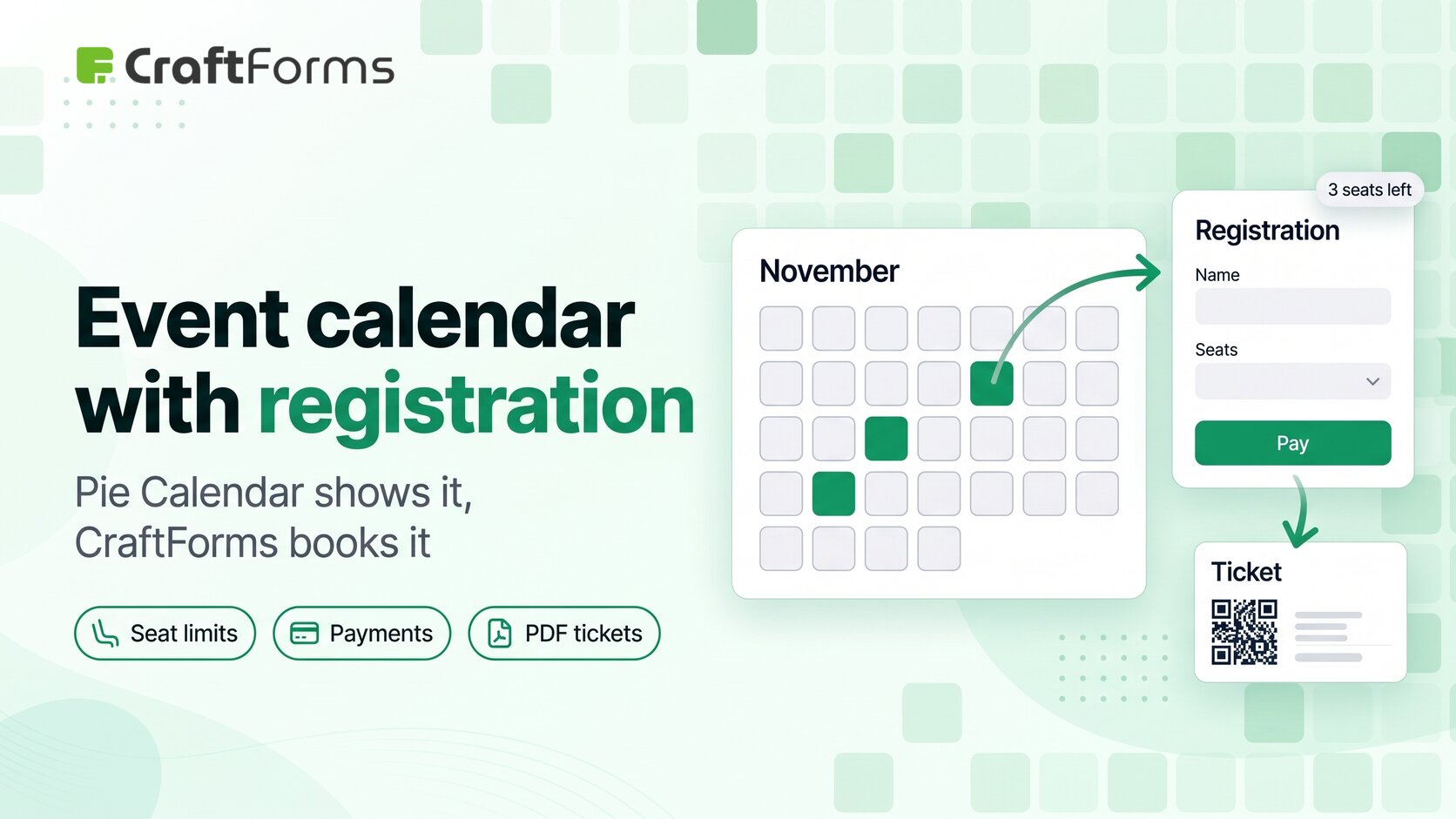 WordPress event calendar with registration: Pie Calendar shows the event, CraftForms takes the booking