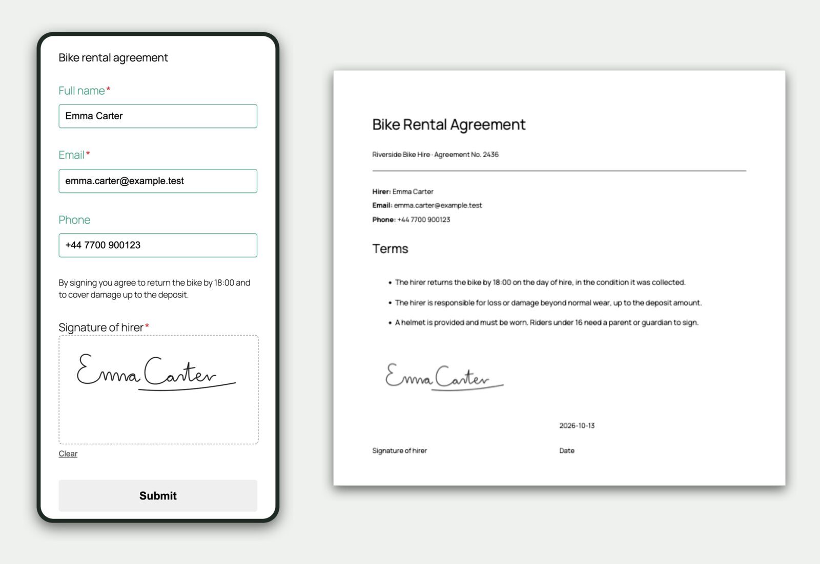 WordPress form signature field on a phone and the signed PDF it creates