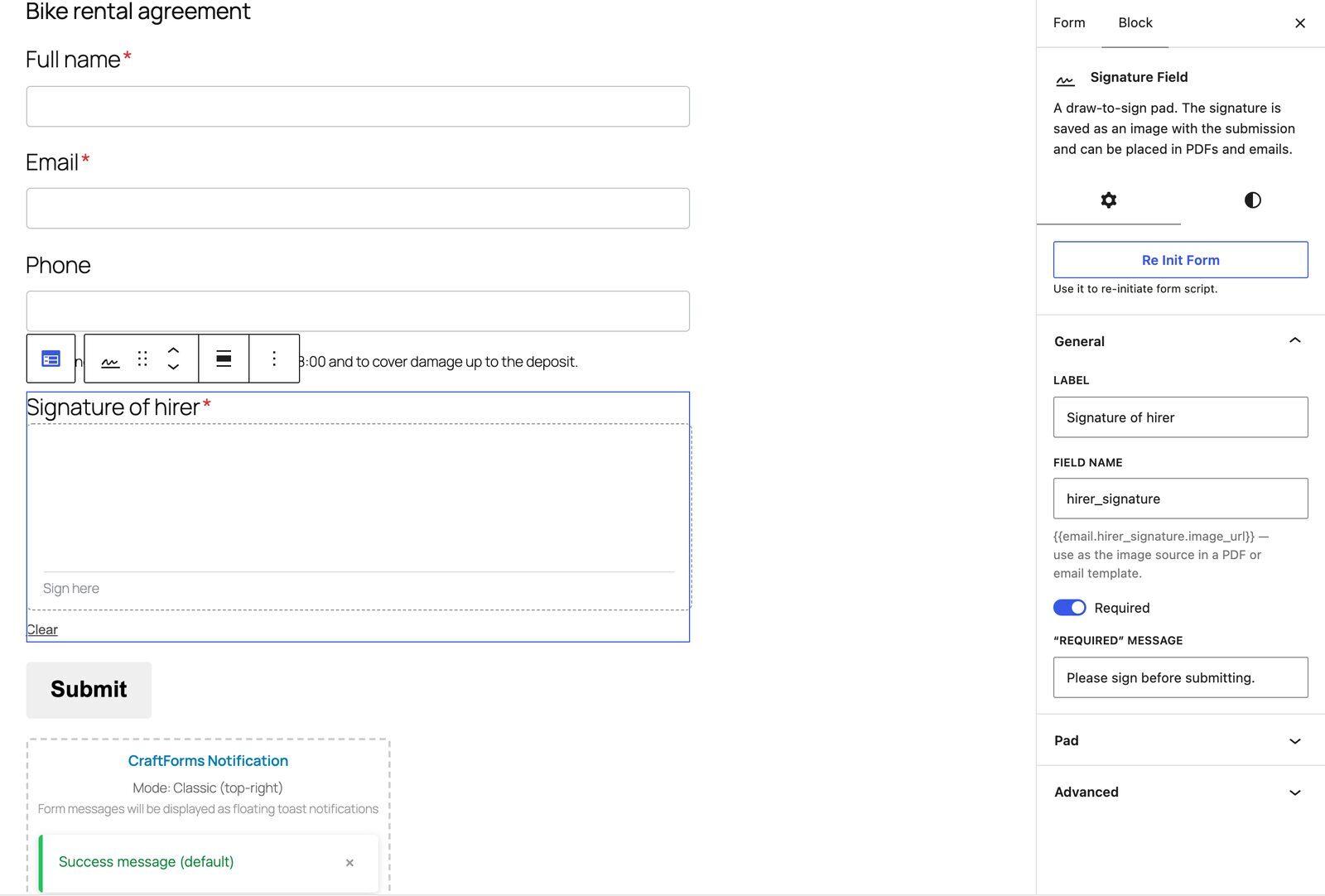 Adding a signature field block to a WordPress form in the block editor