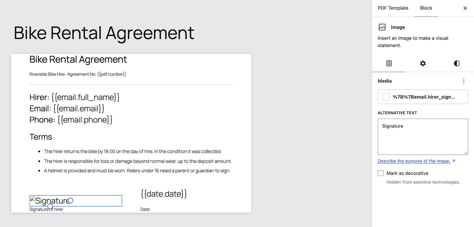 PDF template in WordPress with a signature image placeholder
