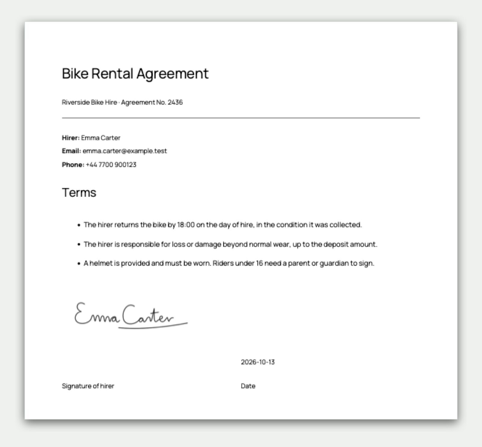 Signed PDF agreement generated from a WordPress form