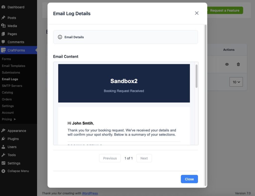Craftforms email log email